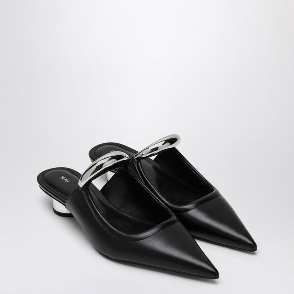 JW PEI Pointed Toe Mules with Metallic Heel Accent Women BLACK Sandals